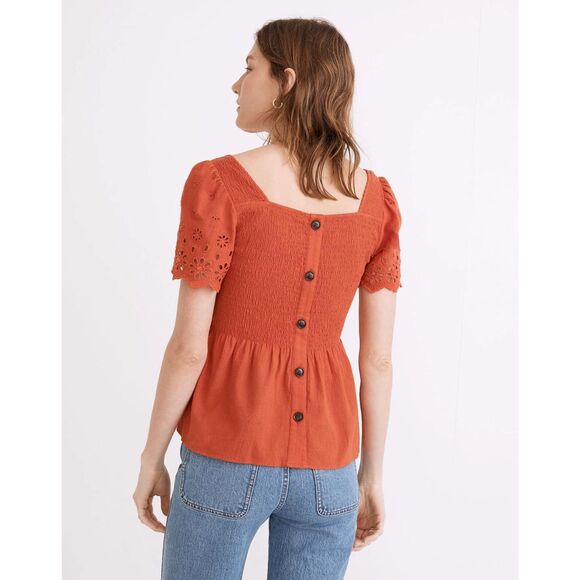 Madewell Eyelet-Sleeve Lucie Smocked Peplum Orange Top, size M - Picture 2 of 6